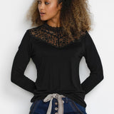 Woman wearing a black long-sleeve top with lace detailing and blue jeans against a white background
