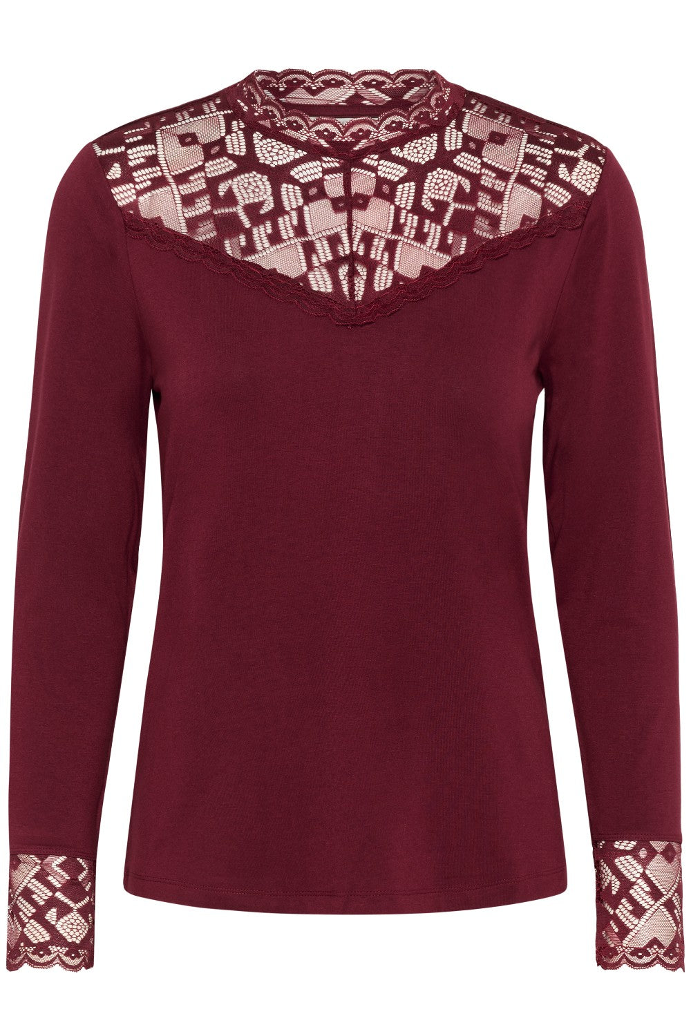 Maroon long-sleeve top with lace details on neckline and cuffs against a white background