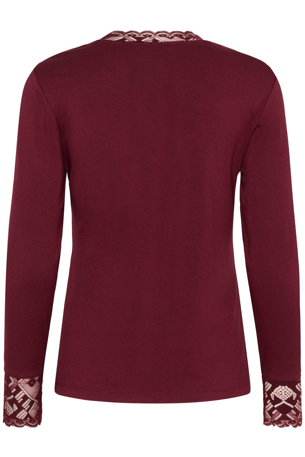 Maroon long-sleeve top with lace details on a white background