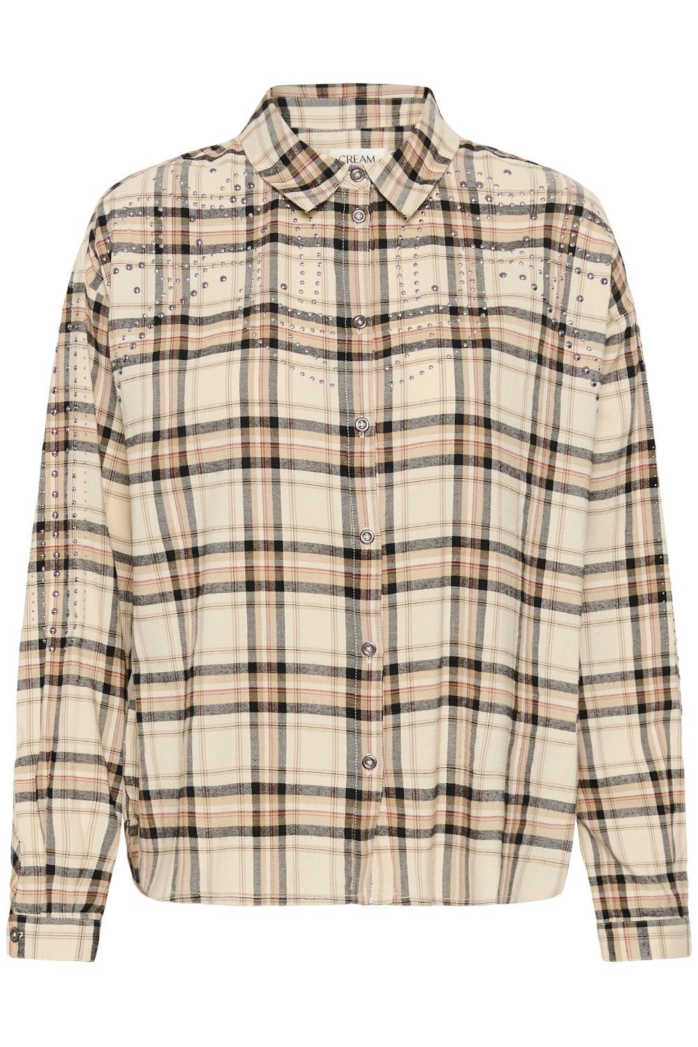Plaid shirt with beige and brown pattern on a white background