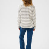 Woman wearing a striped long-sleeve shirt and blue jeans on a white background