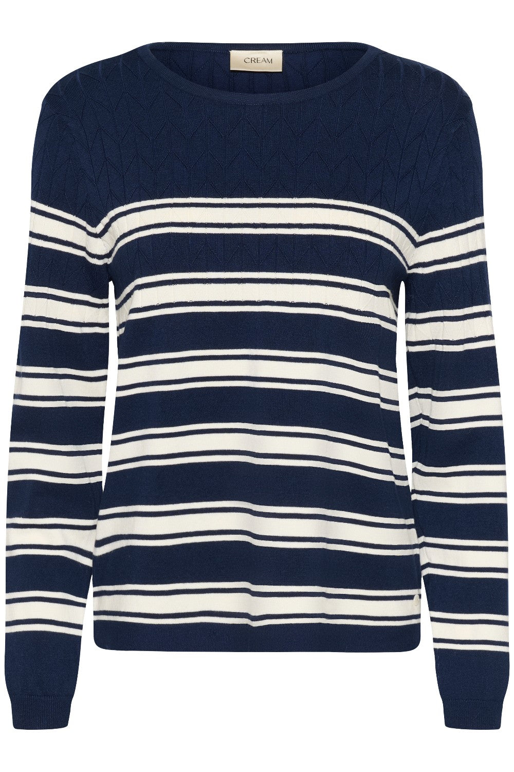 Navy and white striped sweater on a white background