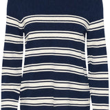 Navy and white striped sweater on a white background