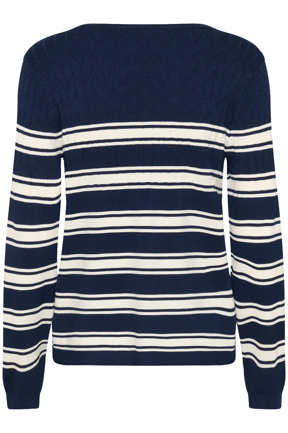 Navy and white striped sweater on a white background