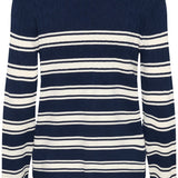 Navy and white striped sweater on a white background
