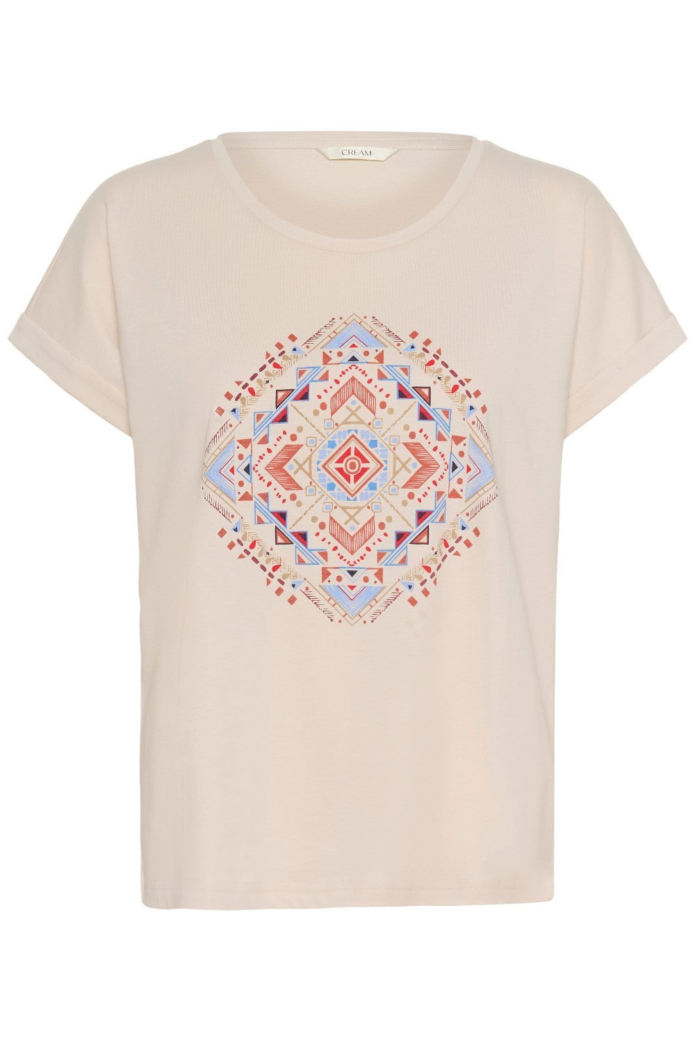 Beige t-shirt with a colorful geometric pattern on a white background