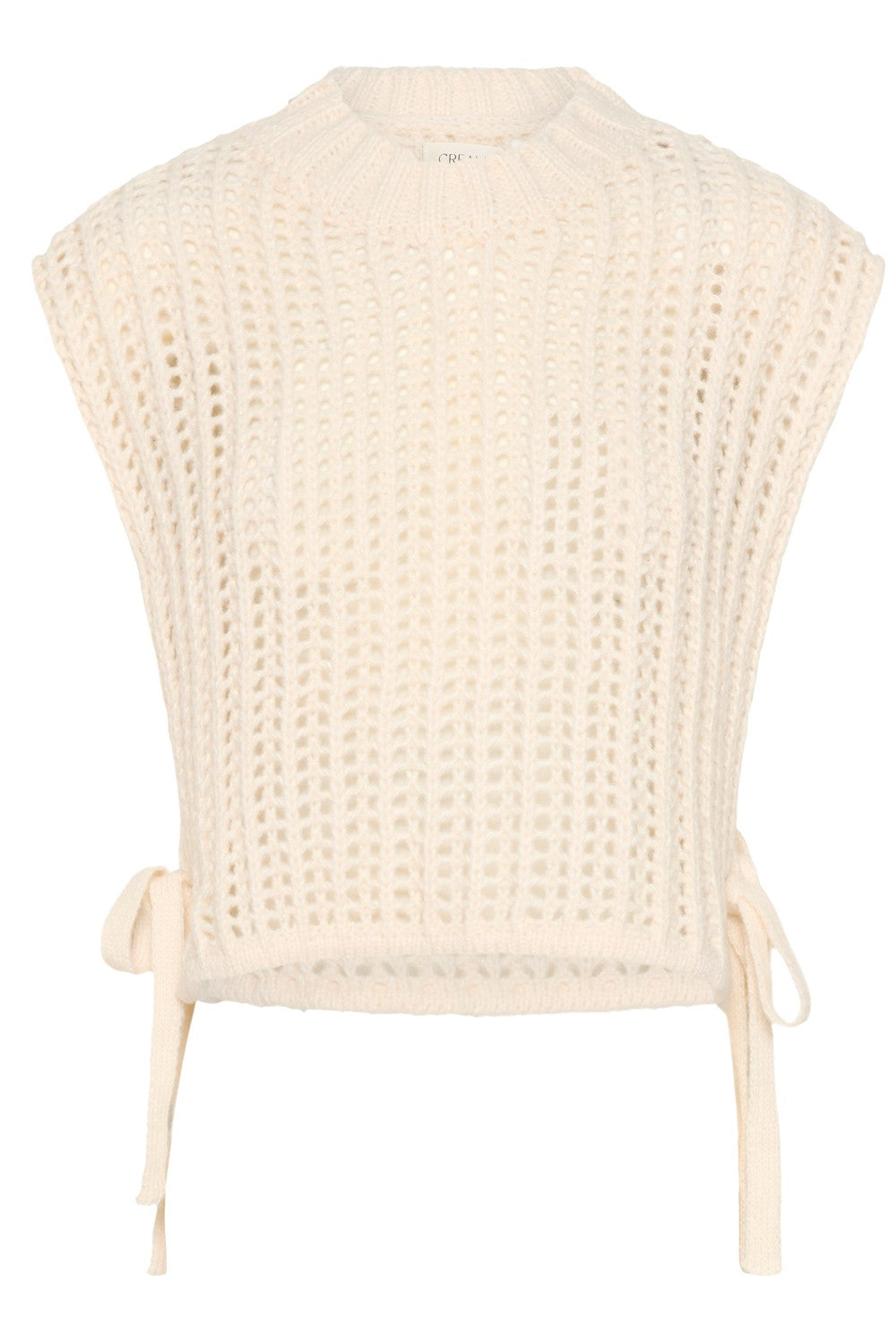 Beige knitted vest with tie details on a white background