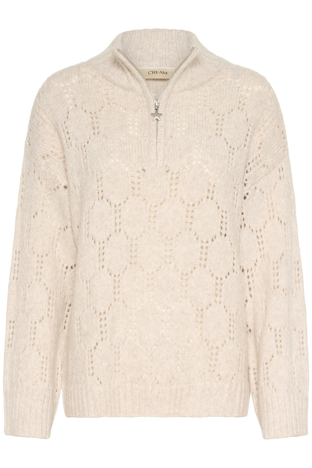 Beige cable knit sweater with a quarter zip on a white background