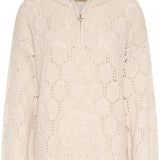 Beige cable knit sweater with a quarter zip on a white background