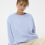 Woman wearing a light blue sweatshirt sitting on a white background
