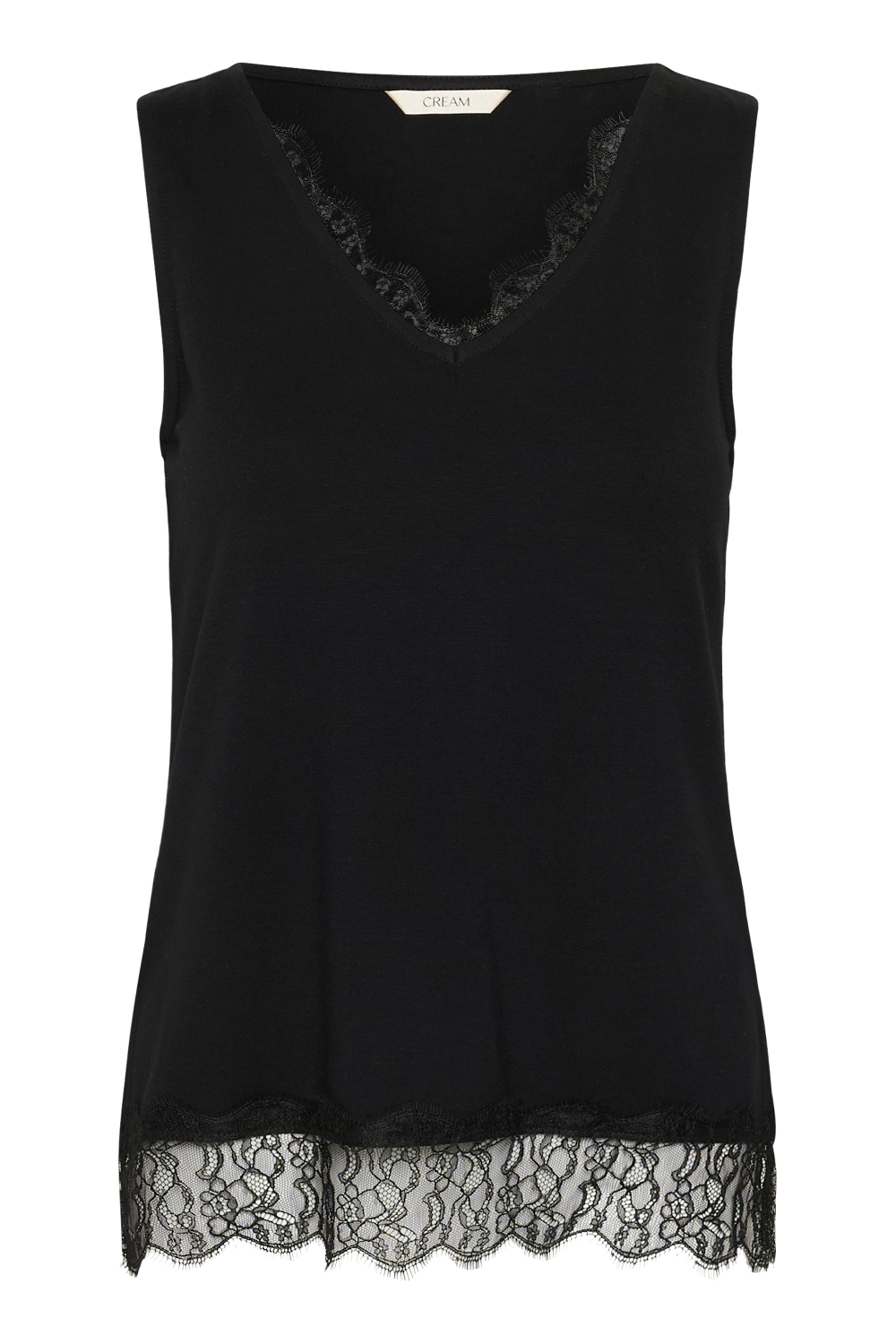A black sleeveless V-neck top with delicate black lace trim along the neckline and hem, shown against a plain white background.