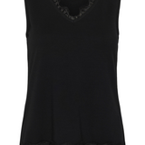 A black sleeveless V-neck top with delicate black lace trim along the neckline and hem, shown against a plain white background.
