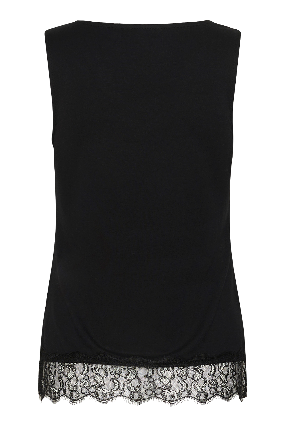 A black sleeveless top with a delicate black lace hem, shown against a plain white background.