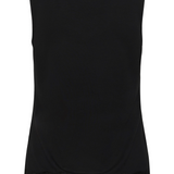 A black sleeveless top with a delicate black lace hem, shown against a plain white background.