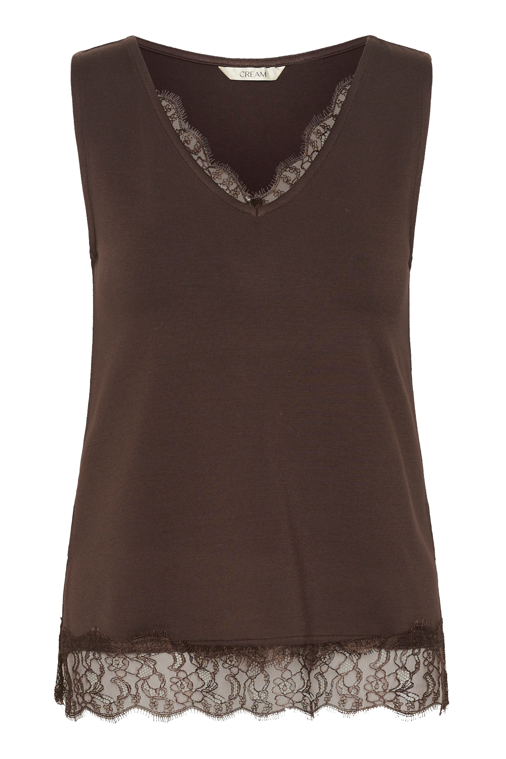 A sleeveless dark brown V-neck top with lace trim along the neckline and hem, shown against a plain white background.