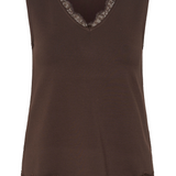 A sleeveless dark brown V-neck top with lace trim along the neckline and hem, shown against a plain white background.