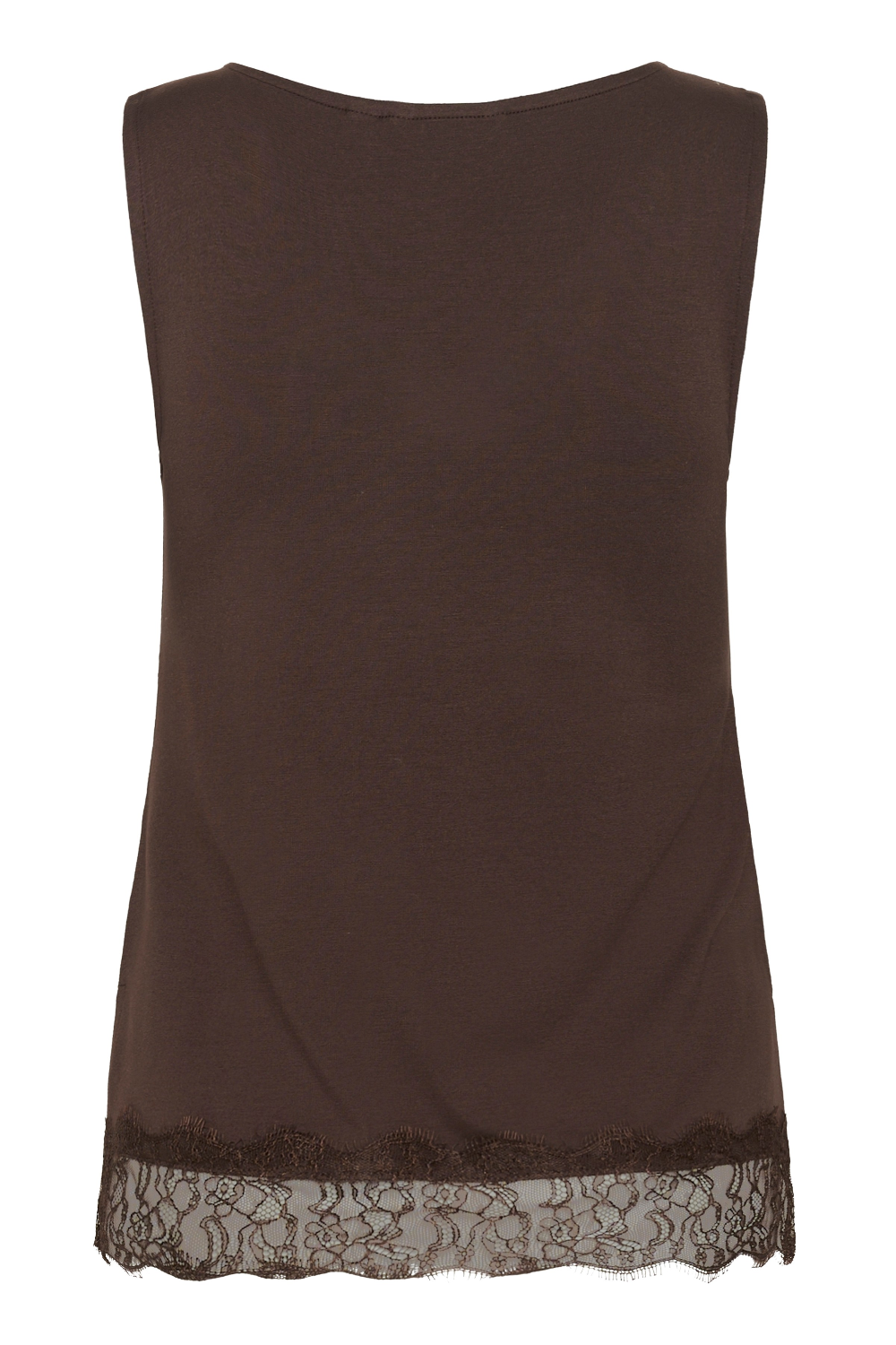 A sleeveless dark brown top with a scoop neckline and a sheer floral lace hem, shown against a plain white background.