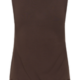 A sleeveless dark brown top with a scoop neckline and a sheer floral lace hem, shown against a plain white background.