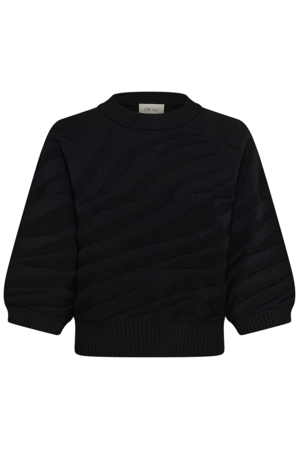 A black 3/4-sleeve knit sweater with a textured wavy pattern, ribbed crew neck, cuffs, and hem, shown against a plain white background.