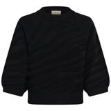 A black 3/4-sleeve knit sweater with a textured wavy pattern, ribbed crew neck, cuffs, and hem, shown against a plain white background.