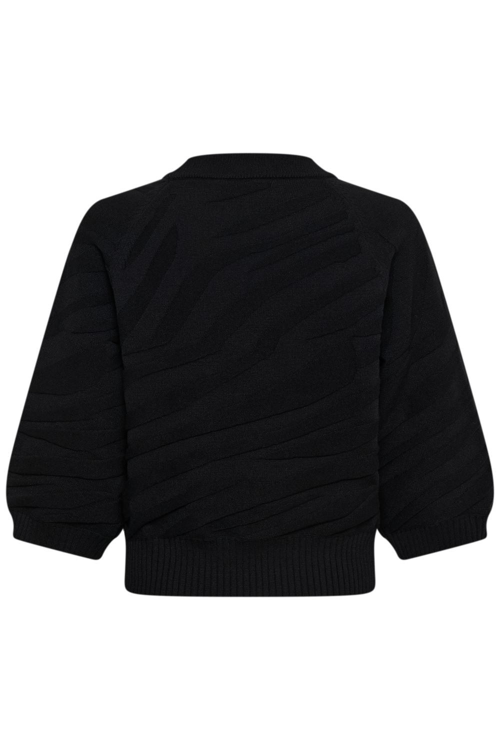 Black textured knit sweater with horizontal wavy ribbed patterns, shown from the back on a white background.