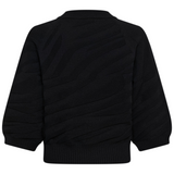 Black textured knit sweater with horizontal wavy ribbed patterns, shown from the back on a white background.