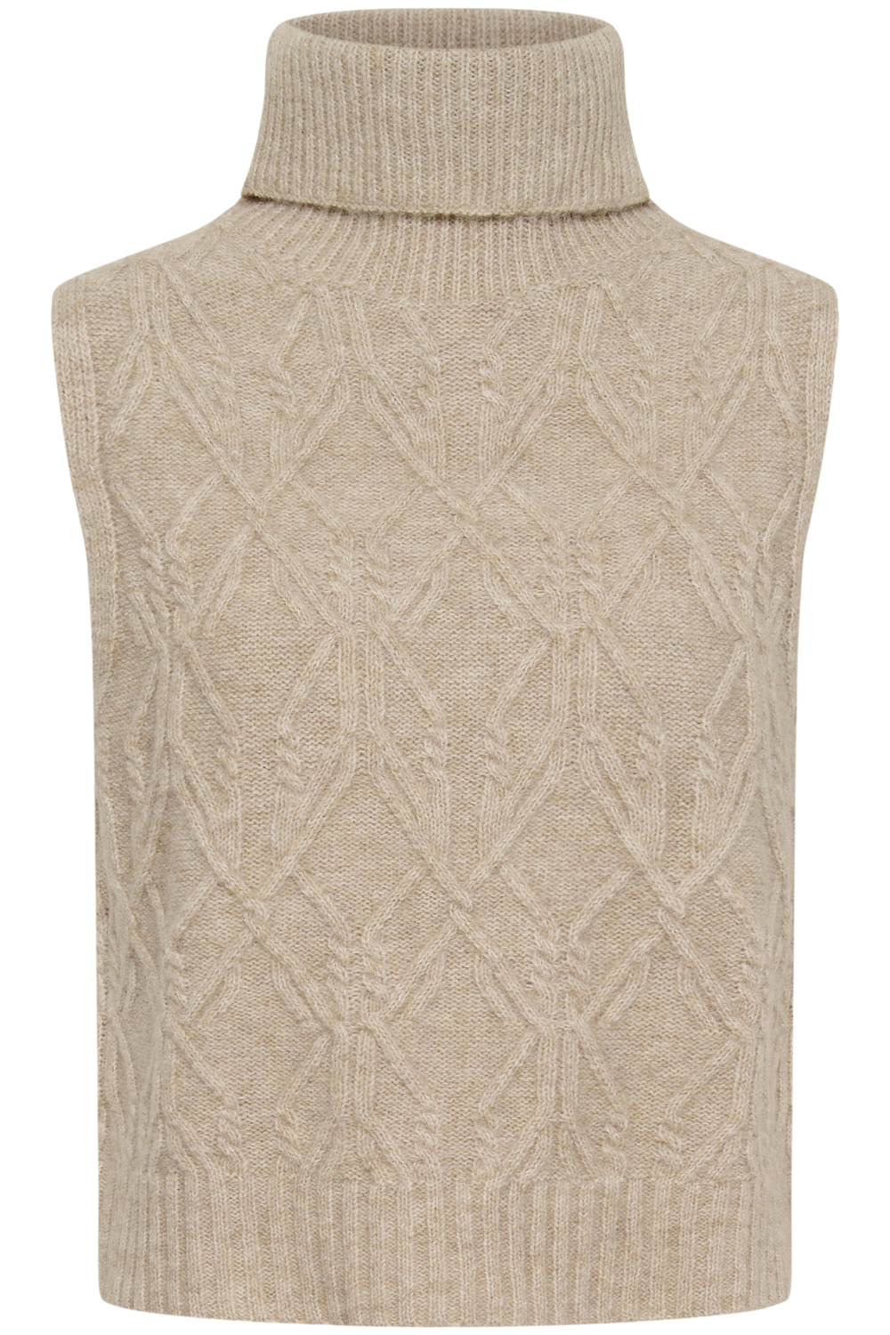 A sleeveless knit turtleneck sweater vest in a heathered light beige color, shown against a plain white background.