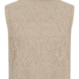 A sleeveless knit turtleneck sweater vest in a heathered light beige color, shown against a plain white background.