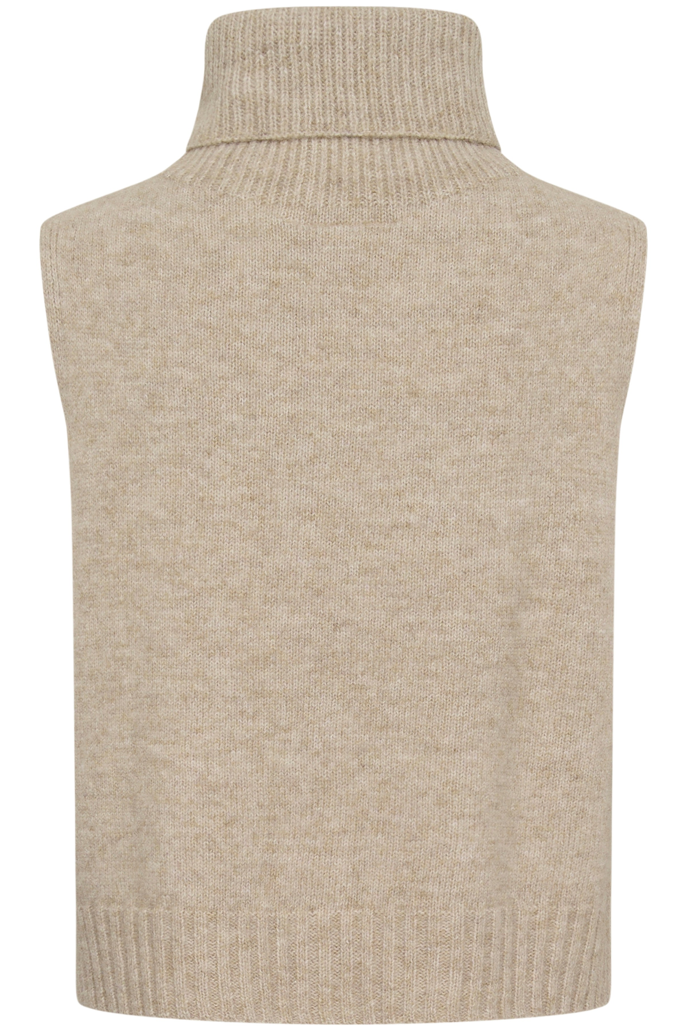 A sleeveless knit turtleneck sweater vest in a heathered light beige color, shown against a plain white background.