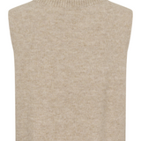 A sleeveless knit turtleneck sweater vest in a heathered light beige color, shown against a plain white background.