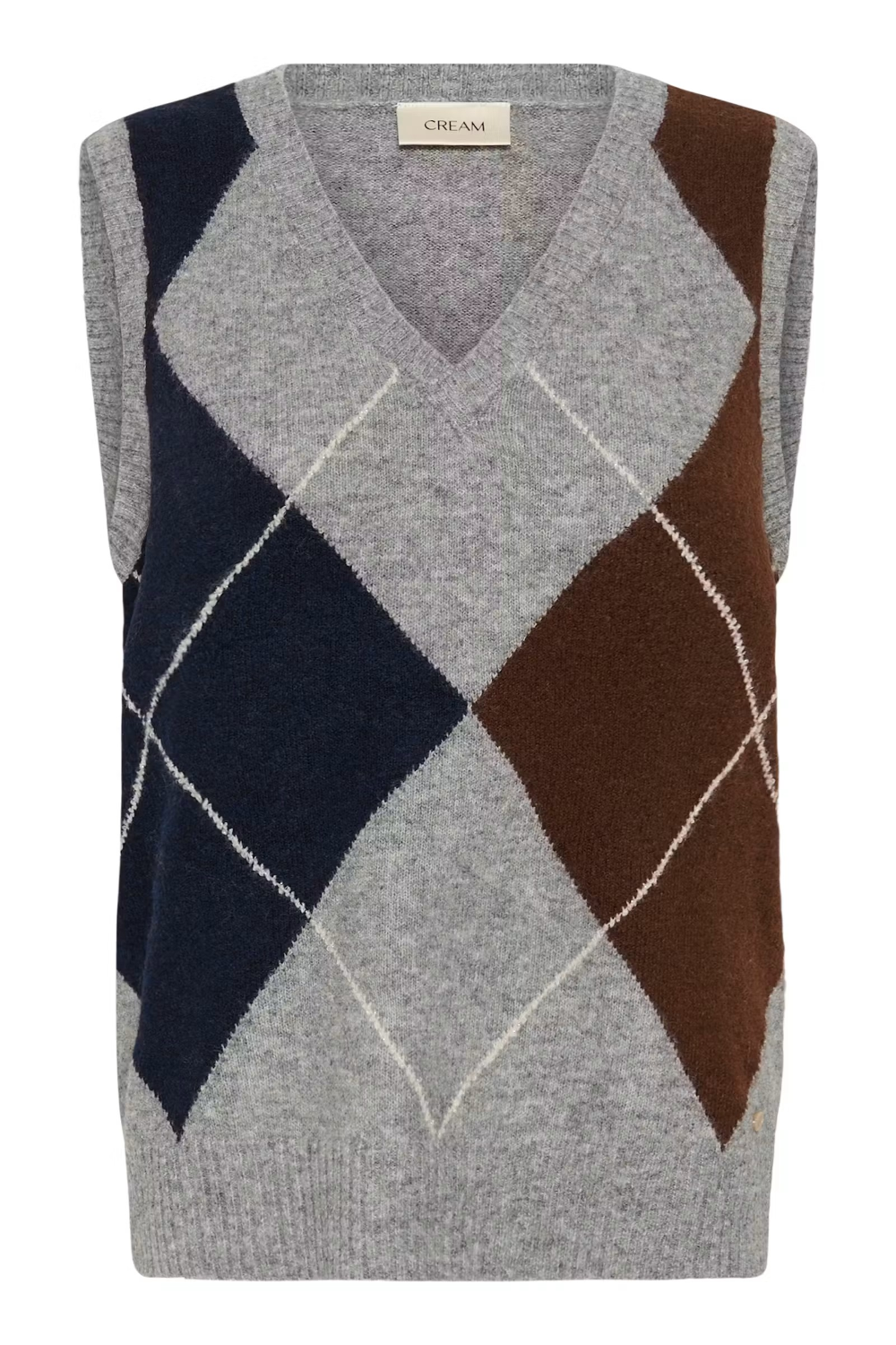 A sleeveless grey sweater featuring a dark blue and brown argyle design.