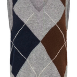 A sleeveless grey sweater featuring a dark blue and brown argyle design.