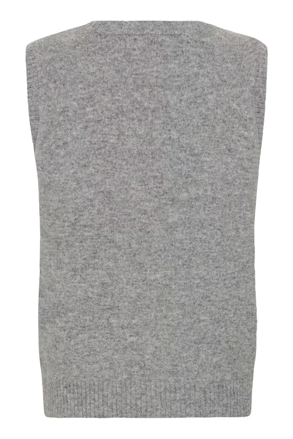 Backside of a sleeveless grey sweater against a light background.