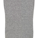Backside of a sleeveless grey sweater against a light background.