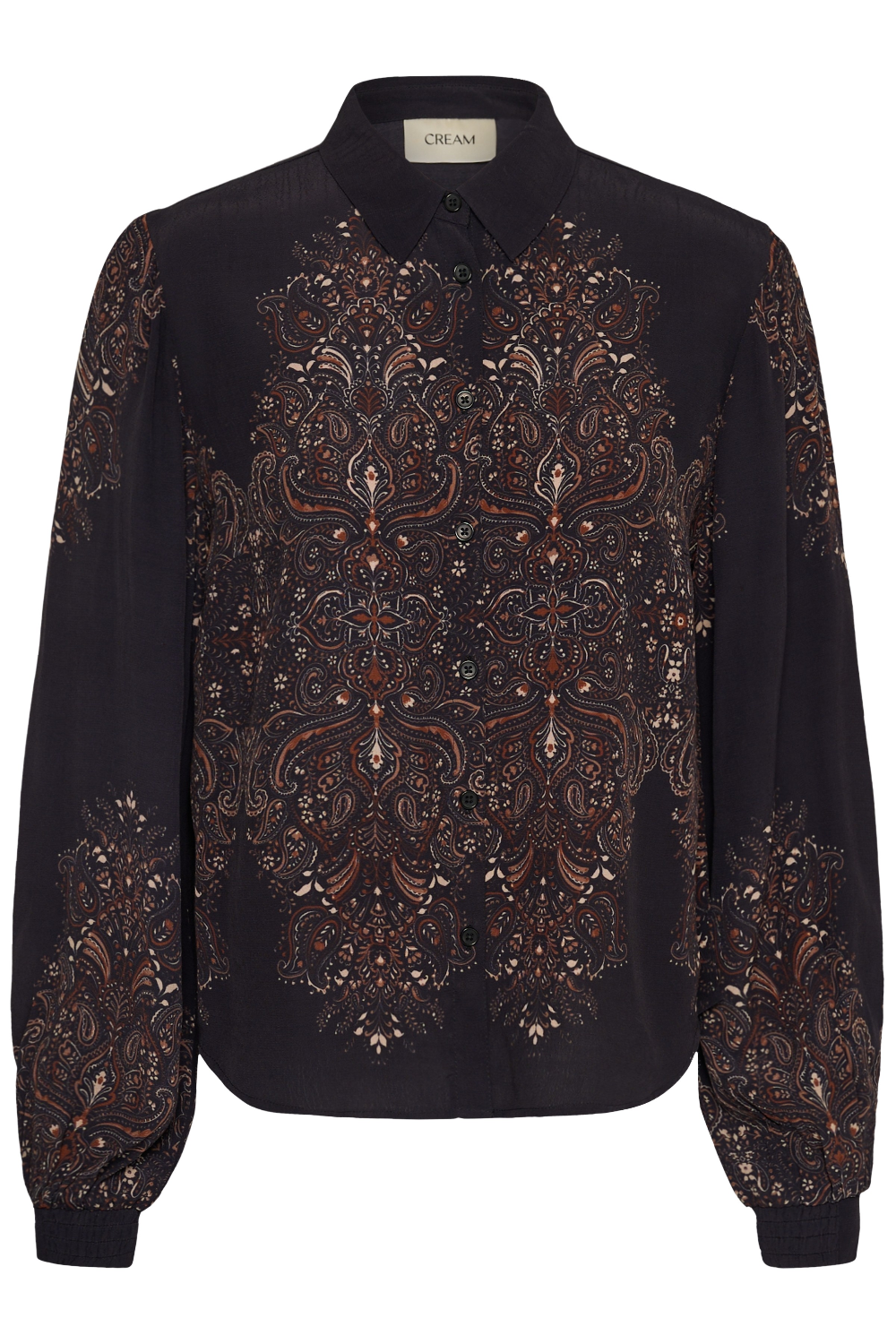 A black long-sleeve button-up blouse with intricate brown and gold floral embroidery across the chest and sleeves against a plain white studio background.