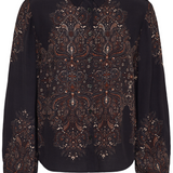 A black long-sleeve button-up blouse with intricate brown and gold floral embroidery across the chest and sleeves against a plain white studio background.