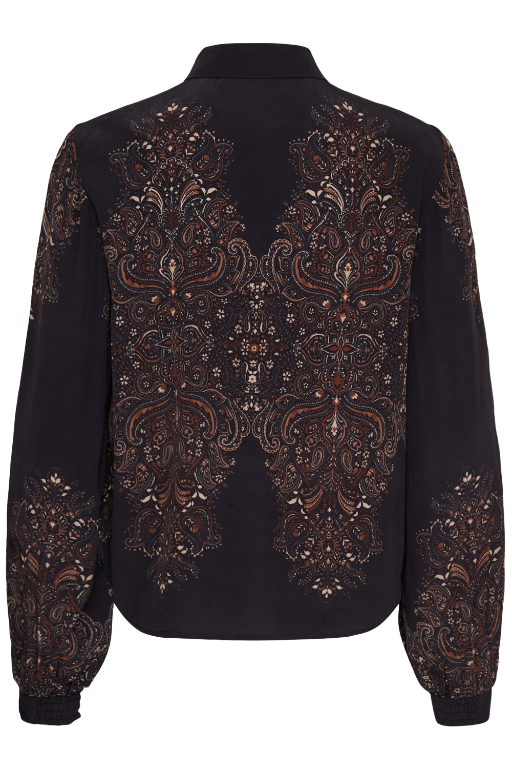 A black long-sleeve shirt featuring intricate brown, gold, and beige paisley embroidery across the back and sleeves, shown against a plain white background.