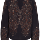 A black long-sleeve shirt featuring intricate brown, gold, and beige paisley embroidery across the back and sleeves, shown against a plain white background.