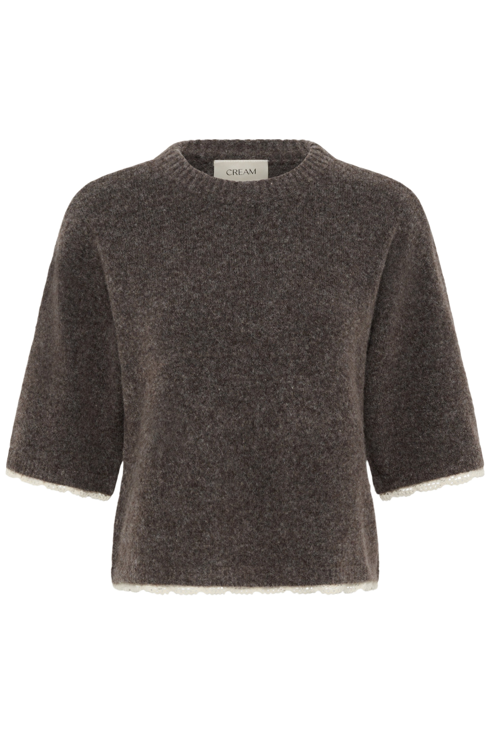 A dark brown textured knit sweater with three-quarter sleeves and a subtle scalloped edge, shown against a plain white background.