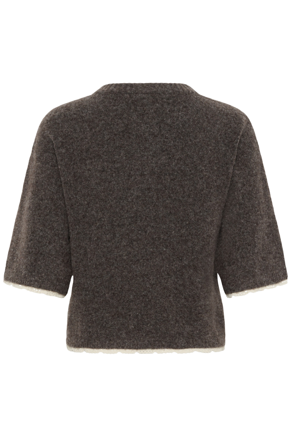 A dark brown textured knit sweater with short sleeves and a crew neck, shown from the back on a plain white background.