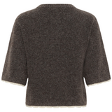 A dark brown textured knit sweater with short sleeves and a crew neck, shown from the back on a plain white background.