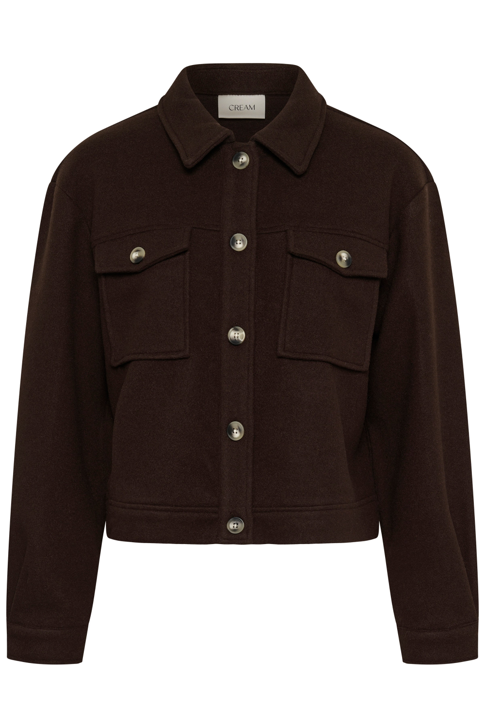 A dark brown jacket featuring a pointed collar, button-up front, and two buttoned flap chest pockets, shown on a plain white background.