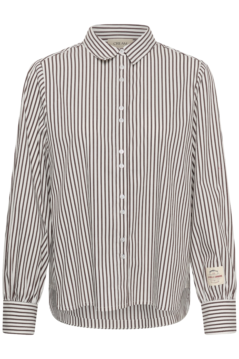A brown and white vertically striped long-sleeve blouse, against a light gray studio background.