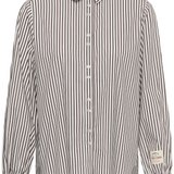 A brown and white vertically striped long-sleeve blouse, against a light gray studio background.