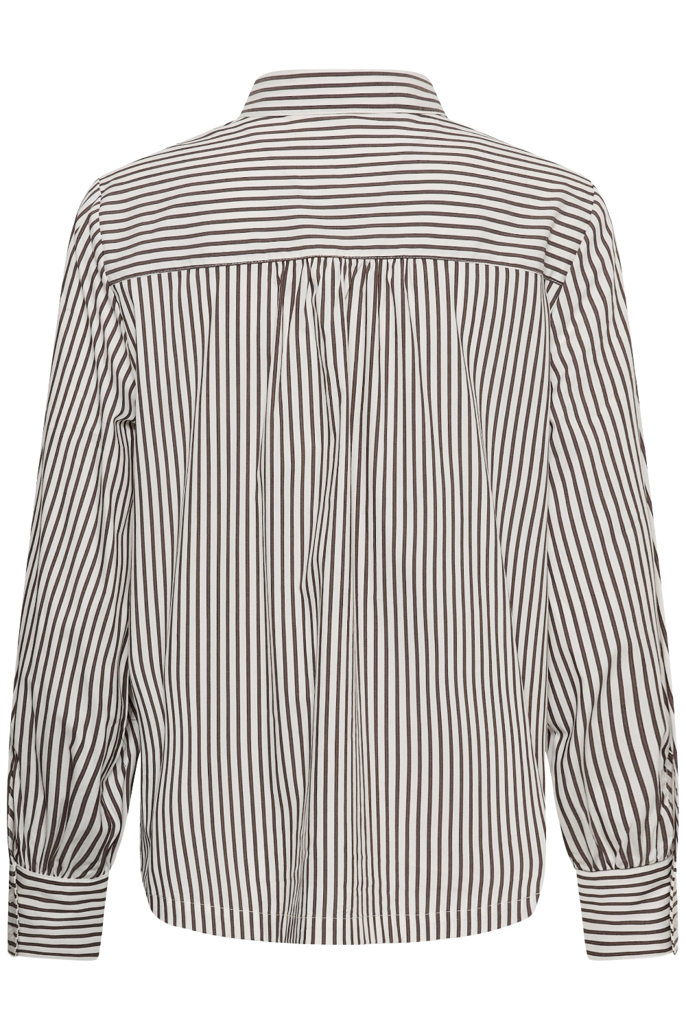 A long-sleeve shirt with vertical brown and white stripes, shown from the back against a plain white background.