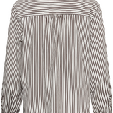 A long-sleeve shirt with vertical brown and white stripes, shown from the back against a plain white background.