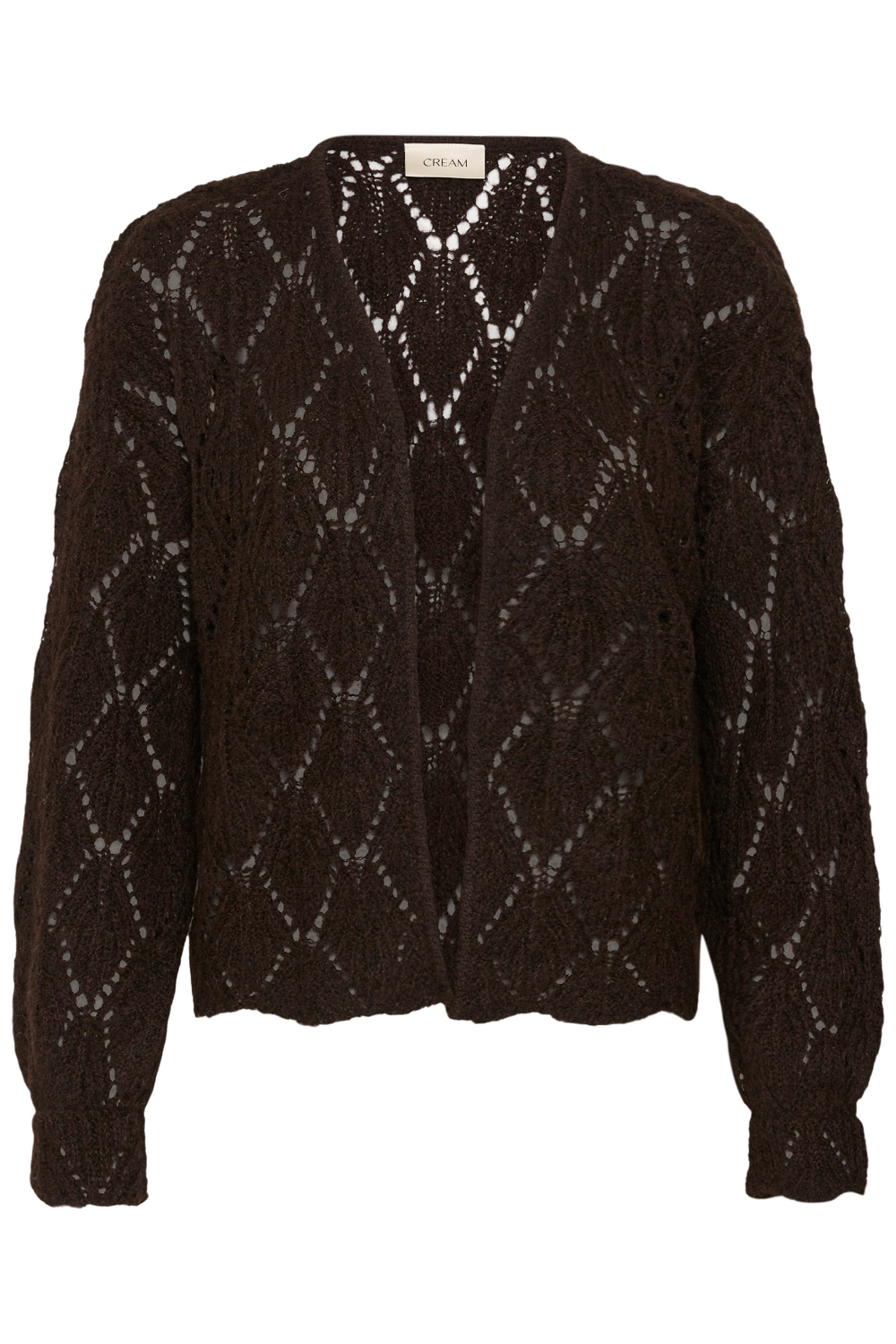 A dark brown open-knit cardigan sweater with a diamond lattice pattern, shown against a plain white background.