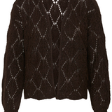 A dark brown open-knit cardigan sweater with a diamond lattice pattern, shown against a plain white background.