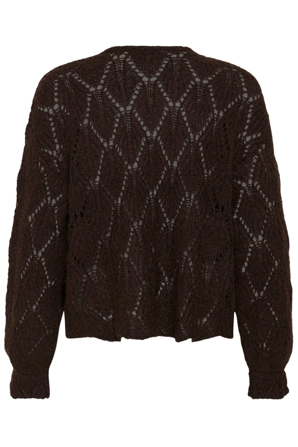 A dark brown open-knit sweater with a geometric diamond pattern, shown from the back on a plain white background.