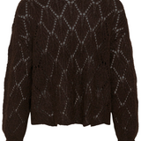 A dark brown open-knit sweater with a geometric diamond pattern, shown from the back on a plain white background.